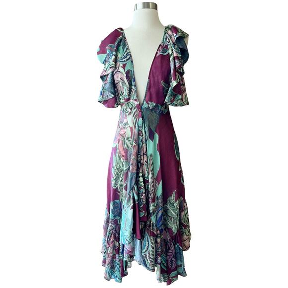 PATBO Tent Dress Red Floral Dress Ruffle Short Sleeves Plungeline Small EUC - Picture 10 of 10